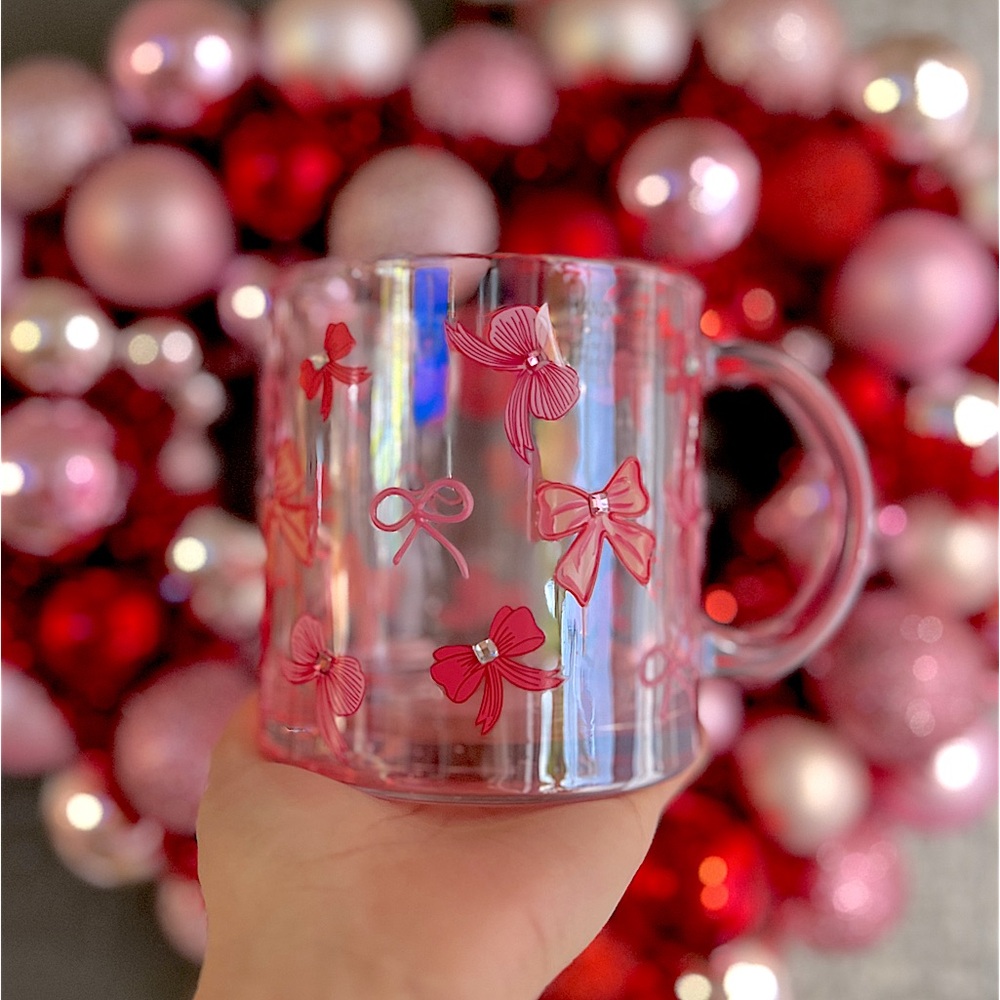 ✨NEW🎀Viral Pink Coquette Glass Mug with Bows and Crystal Gems Detailing💖